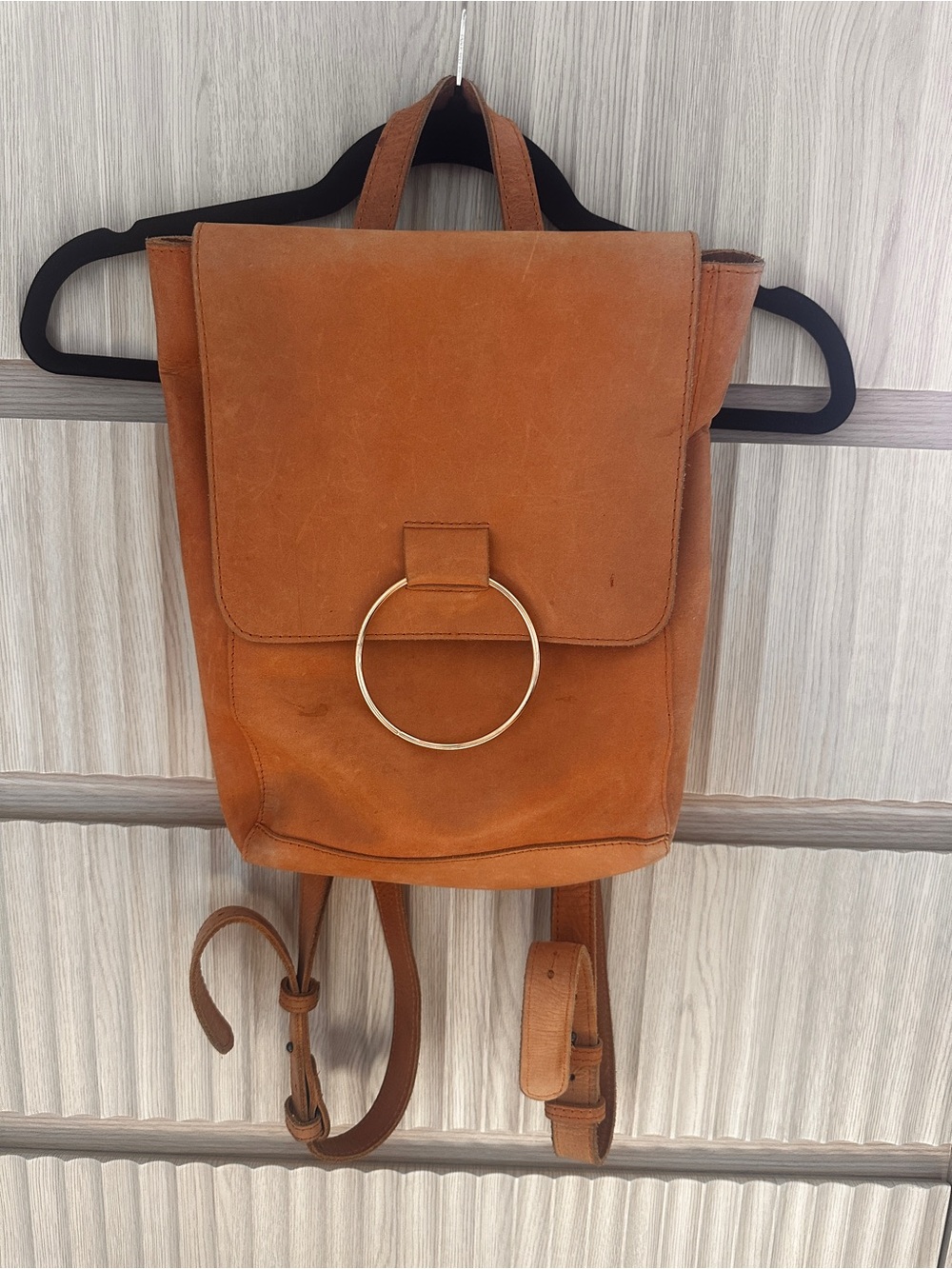 Able Fozi Leather Backpack with Gold Ring Accent - Brown